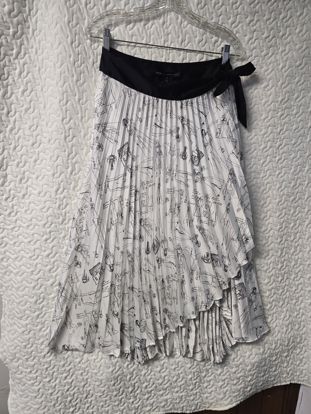 White House Black Market Black & White Asymmetrical Pleated Skirt with Side Tie